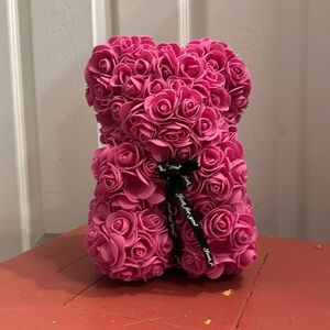 NWOT teddy bear made out of faux roses, pink with a ribbon saying “just for you”